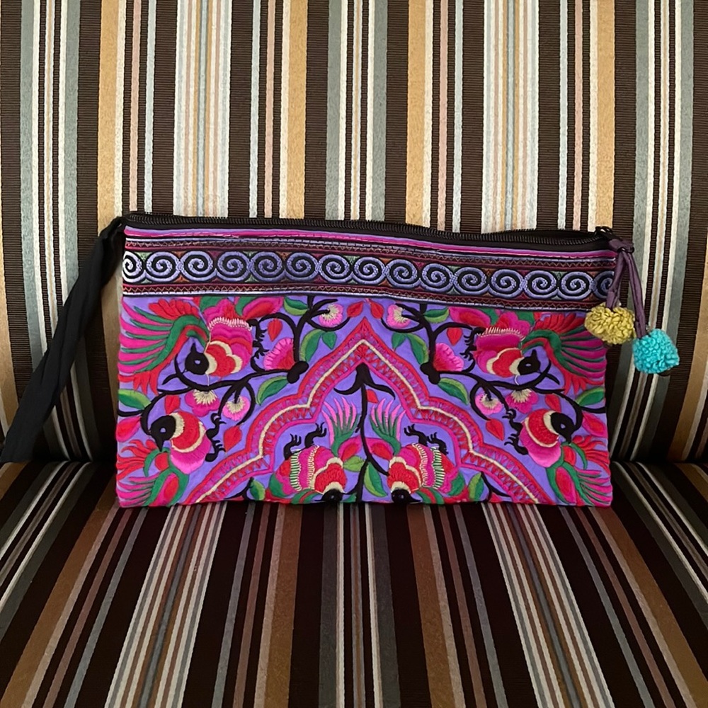 Beautiful Tribal/ bohemian style embroidered large wristlet clutch purse
